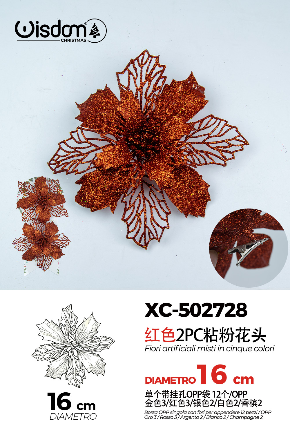 XC-502728 Decorazione natalizia a forma di ghirlanda floreale color bronzo con glitter diametro 16cm - immagine 1