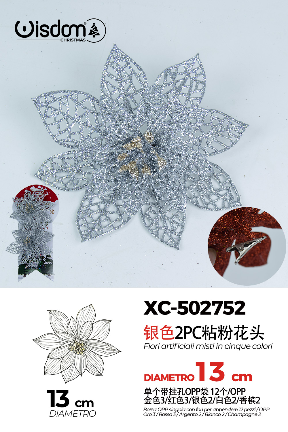 XC-502752 Decorazione natalizia a forma di ghirlanda floreale color argento diametro 13cm - immagine 1