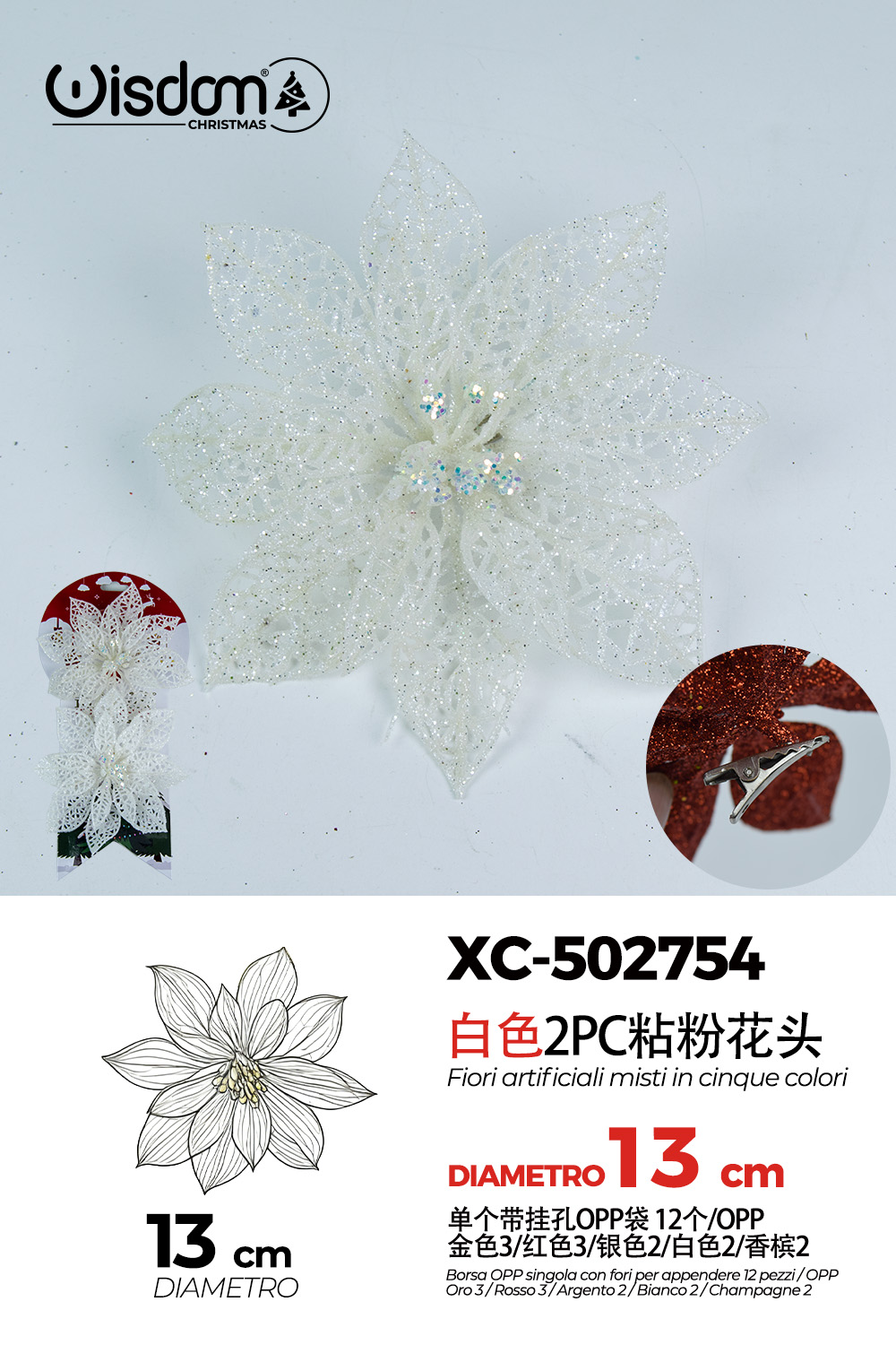 XC-502754 Decorazione natalizia a forma di ghirlanda floreale bianca diametro 13cm - immagine 1