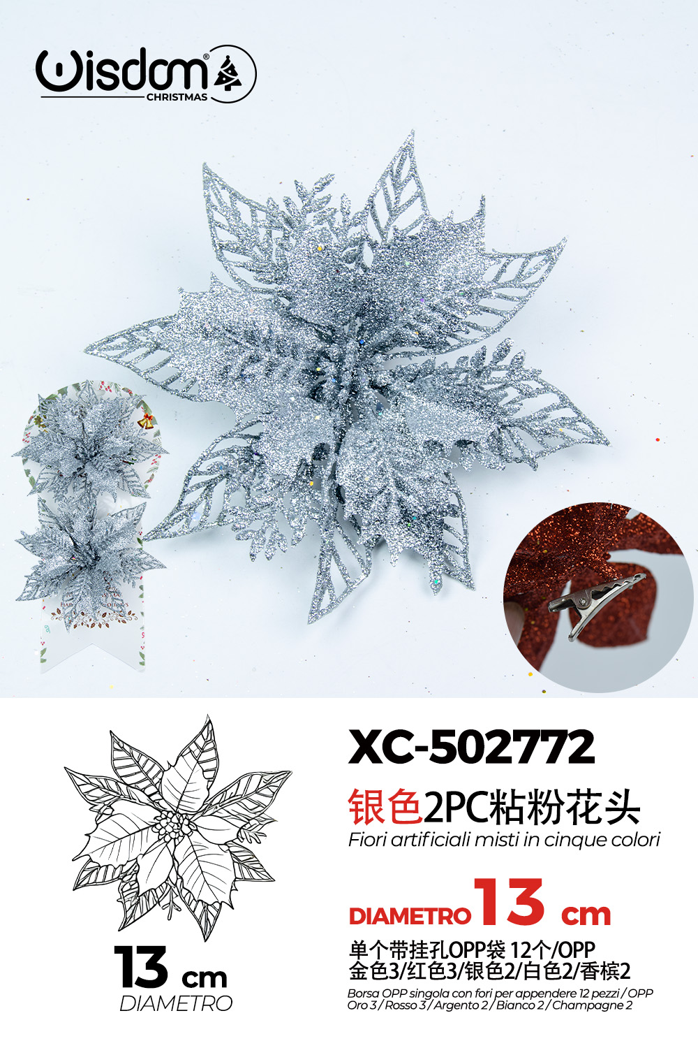 XC-502772 Decorazione natalizia a forma di ghirlanda color argento con glitter diametro 13cm - immagine 1