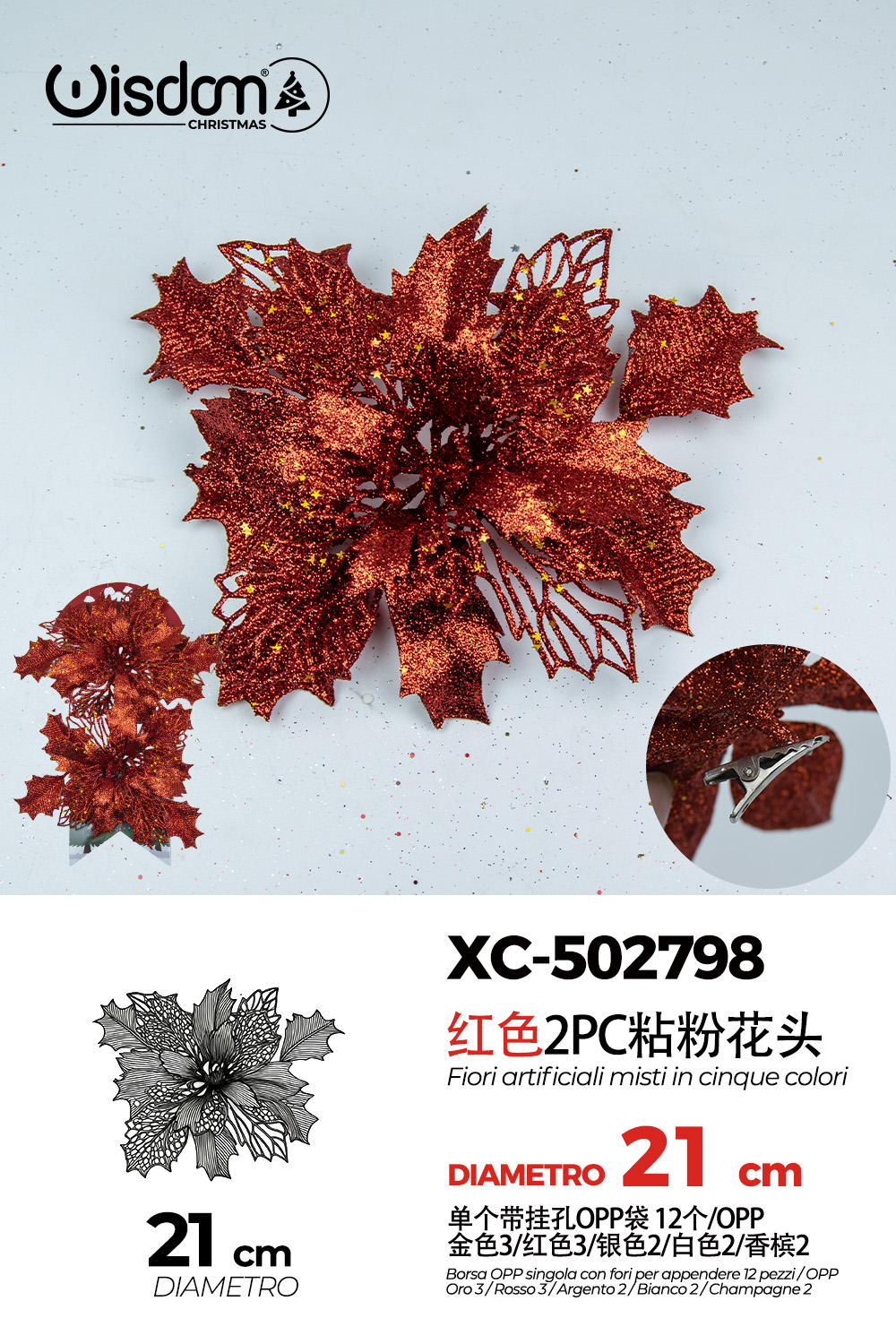 XC-502798 Decorazione natalizia a forma di ghirlanda color rosso glitterato con pois dorati diametro 21cm - immagine 1