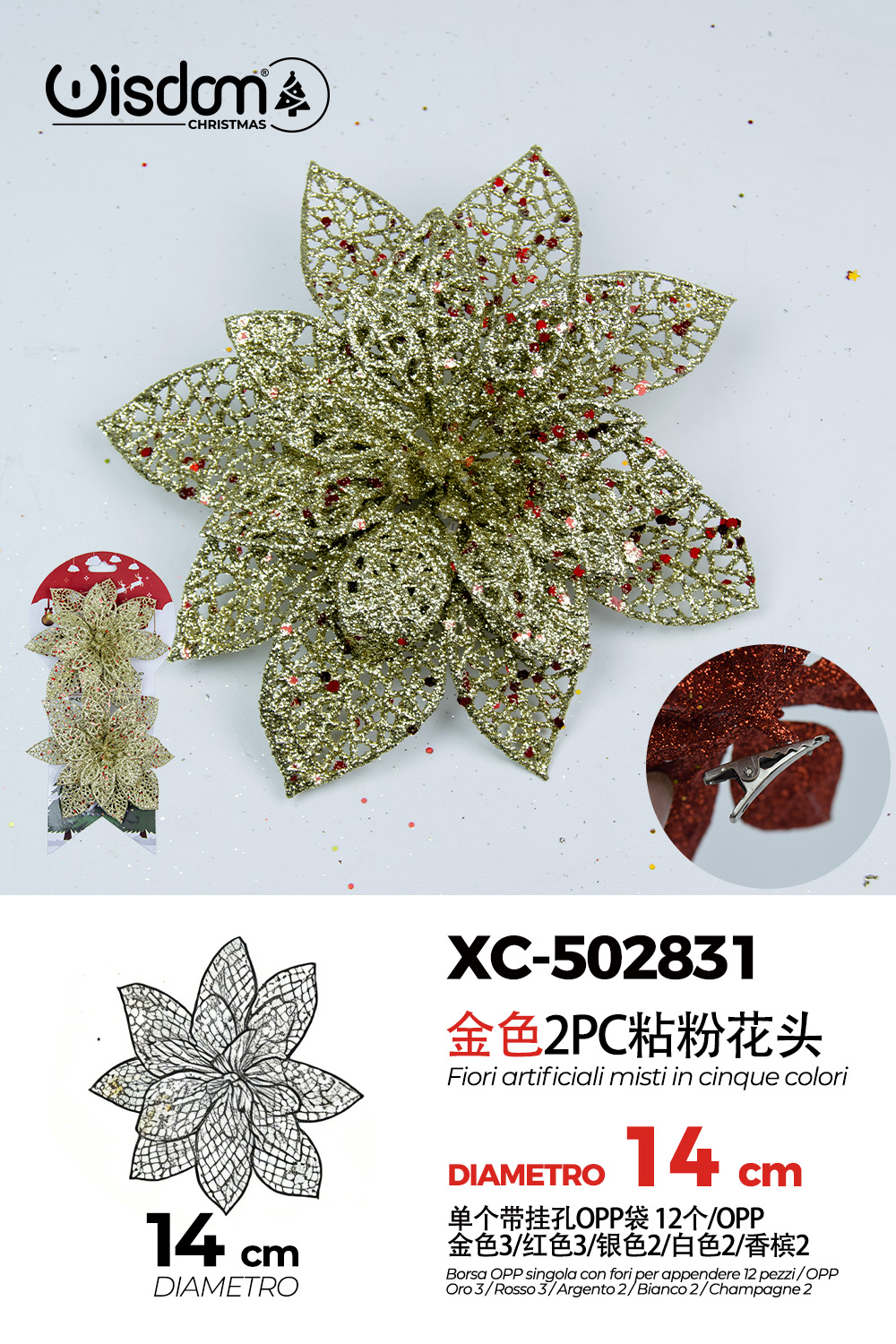 XC-502831 Decorazione natalizia a forma di ghirlanda color dorato glitterato con pois rossi diametro 14cm - immagine 1