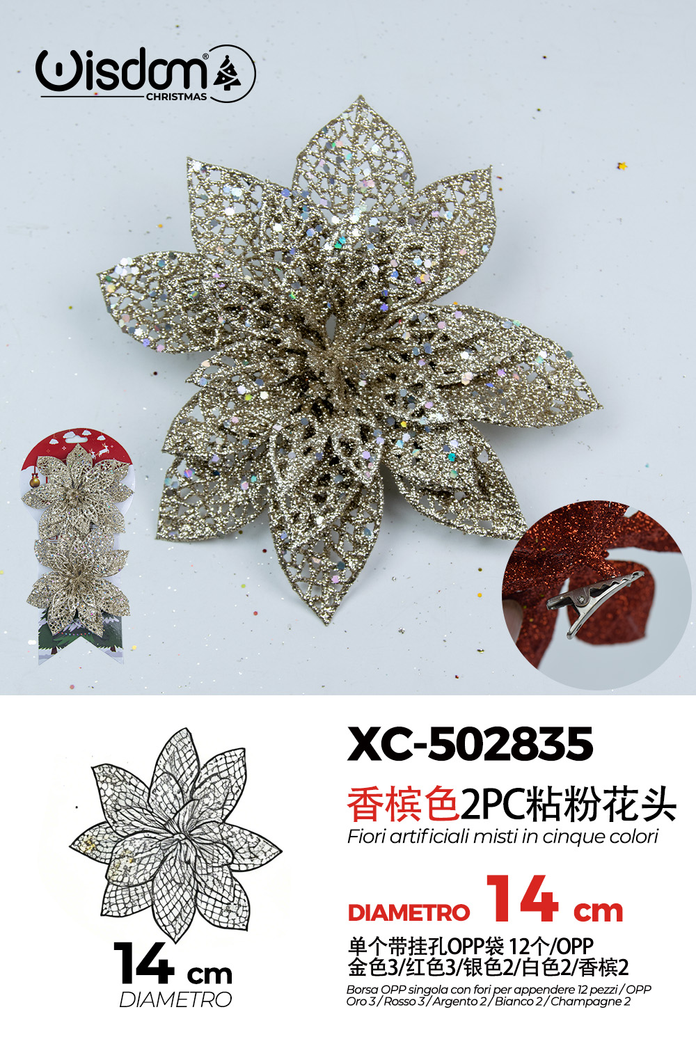 XC-502835 Decorazione natalizia a forma di ghirlanda color argento dorato glitterato con pois argentati diametro 14cm - immagine 1