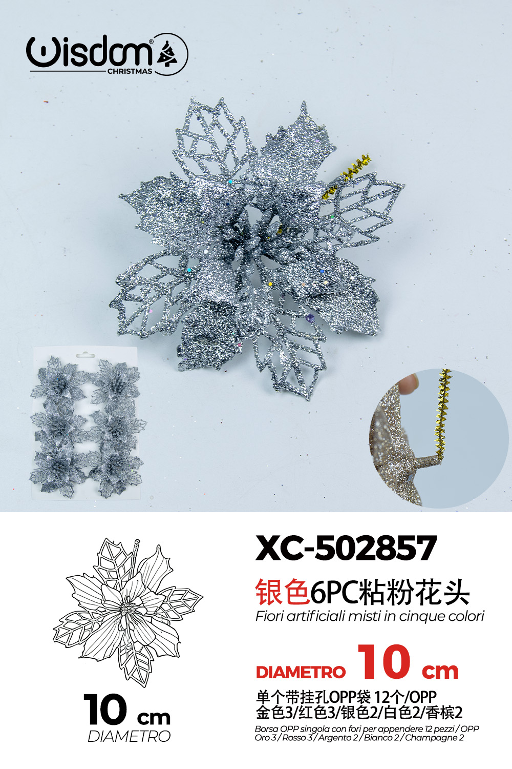 XC-502857 Decorazione natalizia a forma di ghirlanda color argento con glitter diametro 10cm - immagine 1