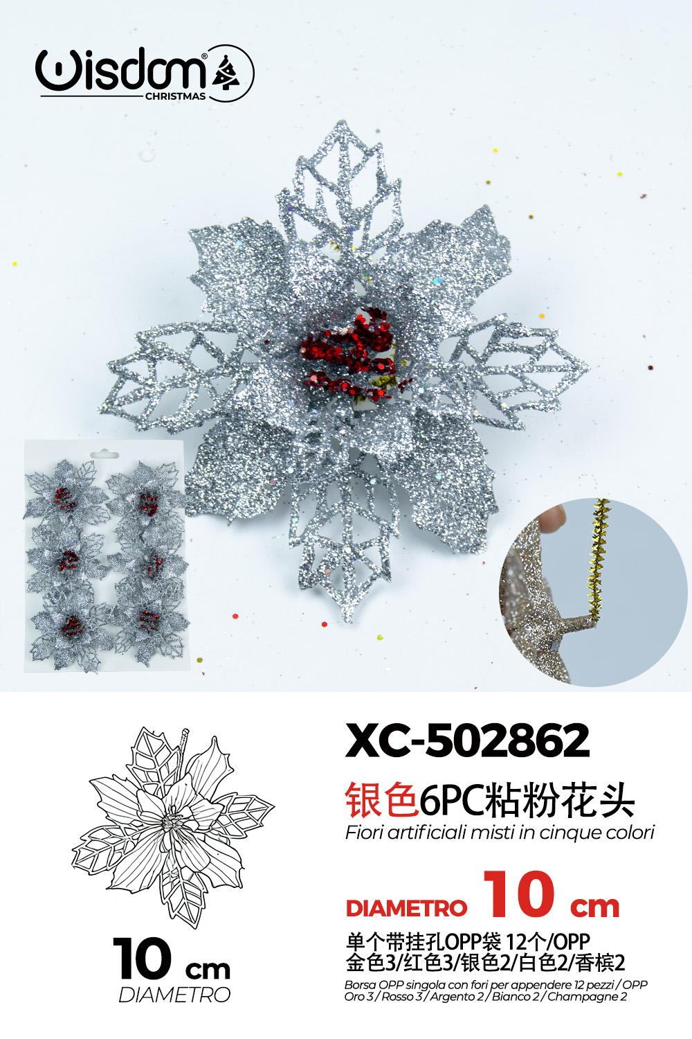 XC-502862 Decorazione natalizia a forma di ghirlanda color argento glitterato con fiori rossi diametro 10cm - immagine 1