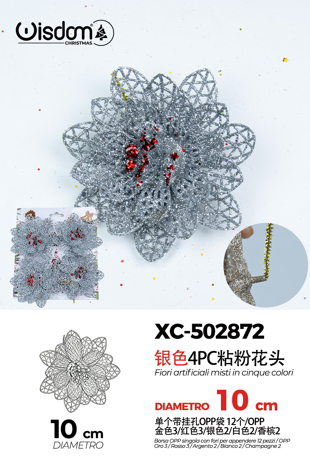 XC-502872 Decorazione natalizia a forma di ghirlanda argento glitterato con fiori rossi diametro 10cm - immagine 1