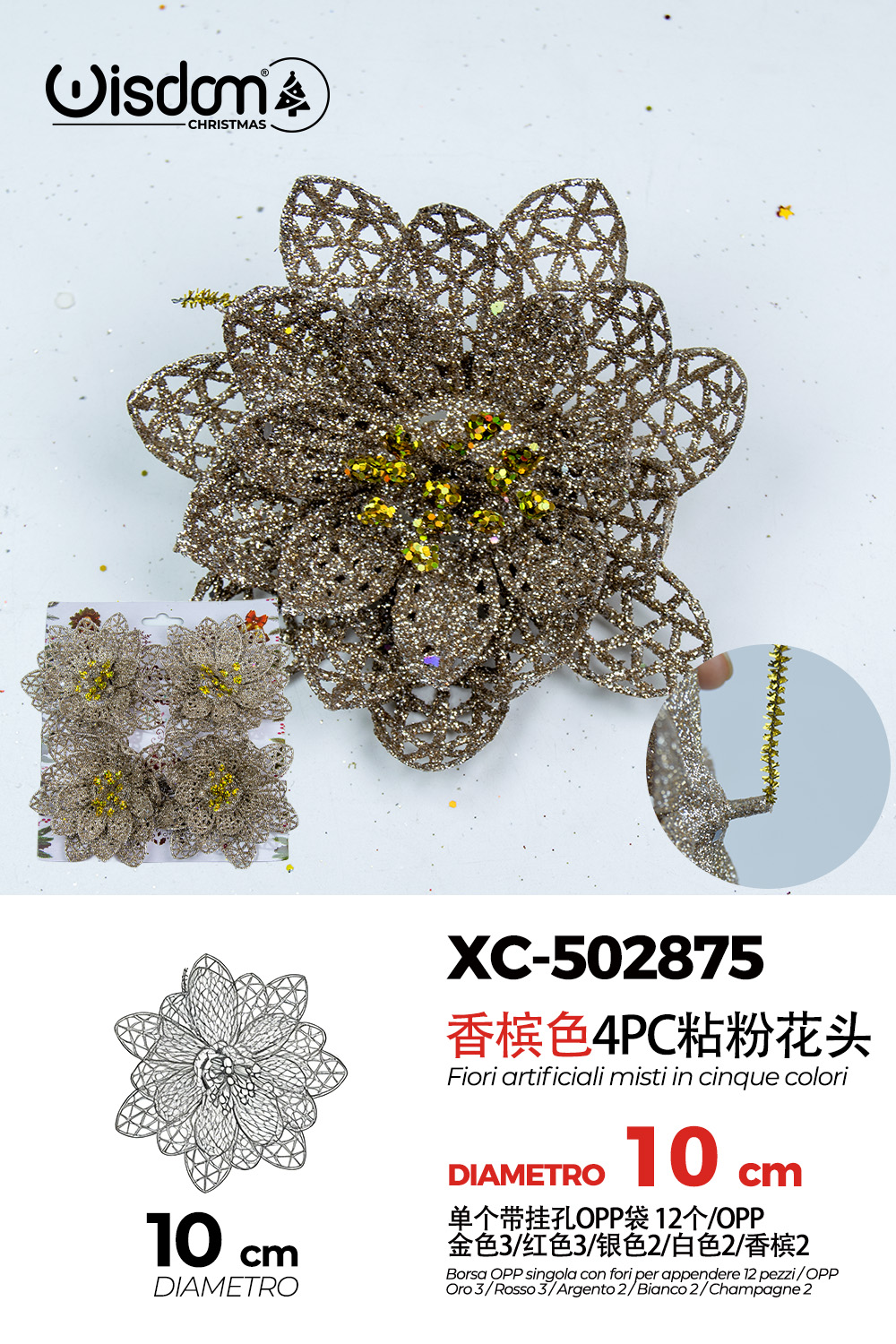 XC-502875 Decorazione natalizia a forma di ghirlanda floreale color bronzo con fiori dorati diametro 10cm - immagine 1