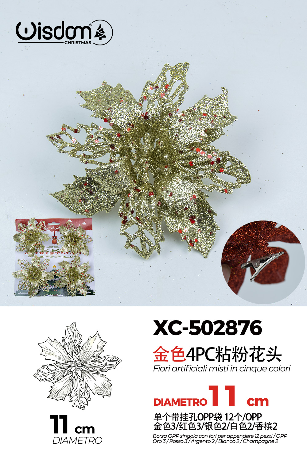 XC-502876 Decorazione natalizia a forma di ghirlanda color verde scuro con glitter rossi diametro 11cm - immagine 1