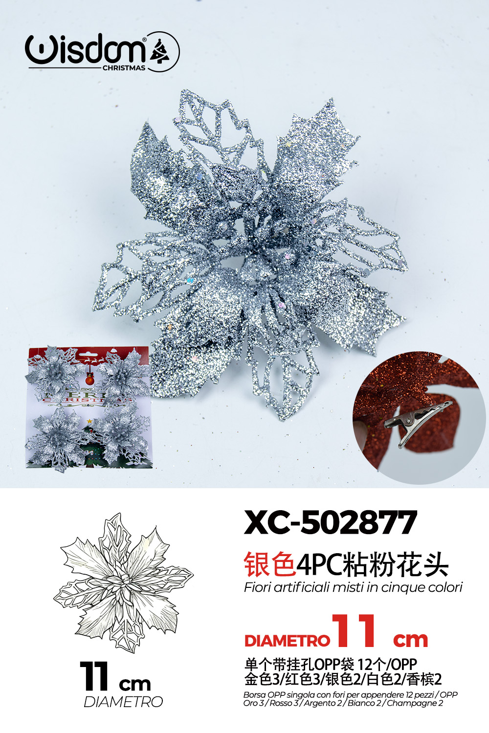 XC-502877 Decorazione natalizia a forma di ghirlanda color argento con glitter diametro 11cm - immagine 1