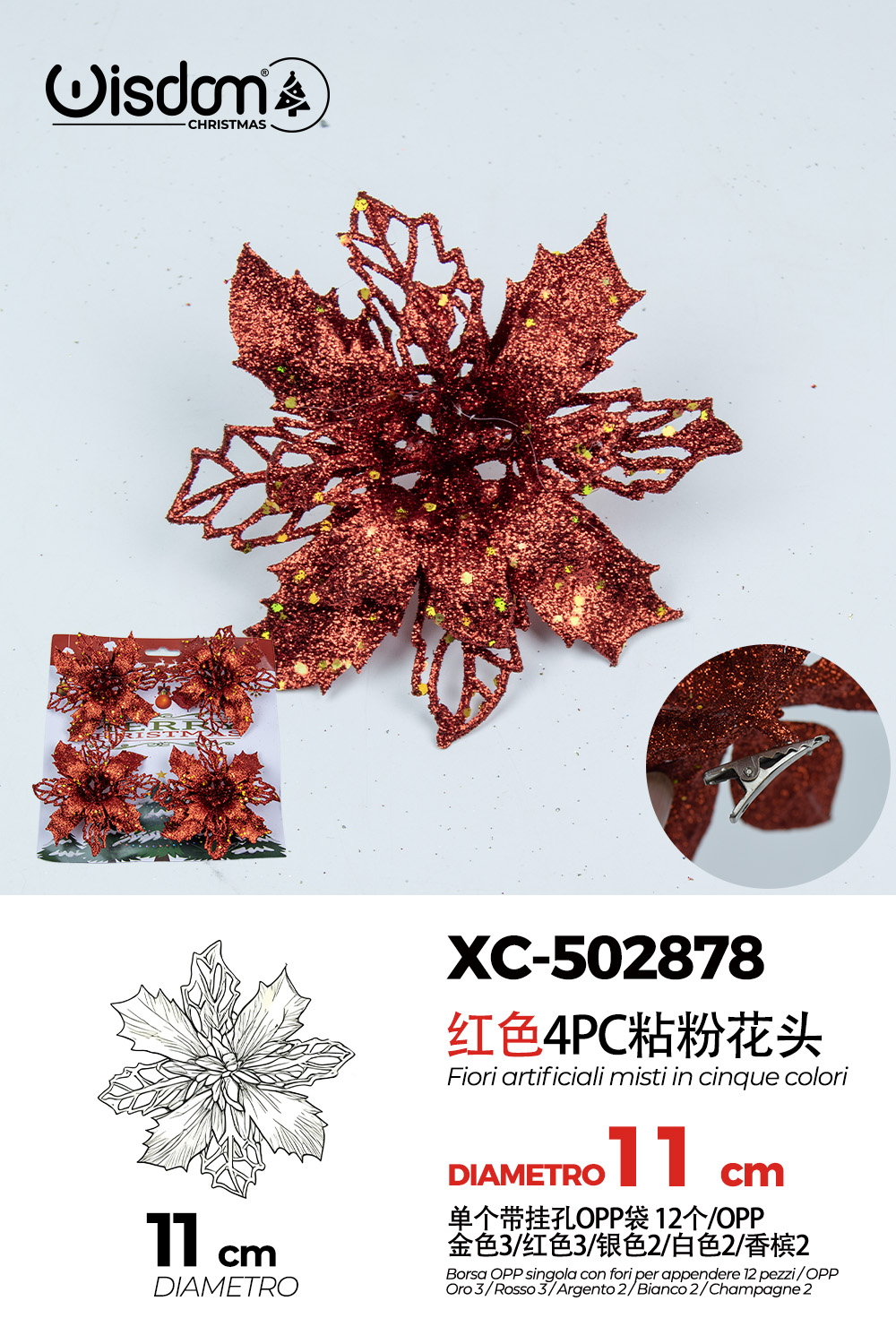 XC-502878 Decorazione natalizia a forma di ghirlanda color bronzo con glitter dorati diametro 11cm - immagine 1