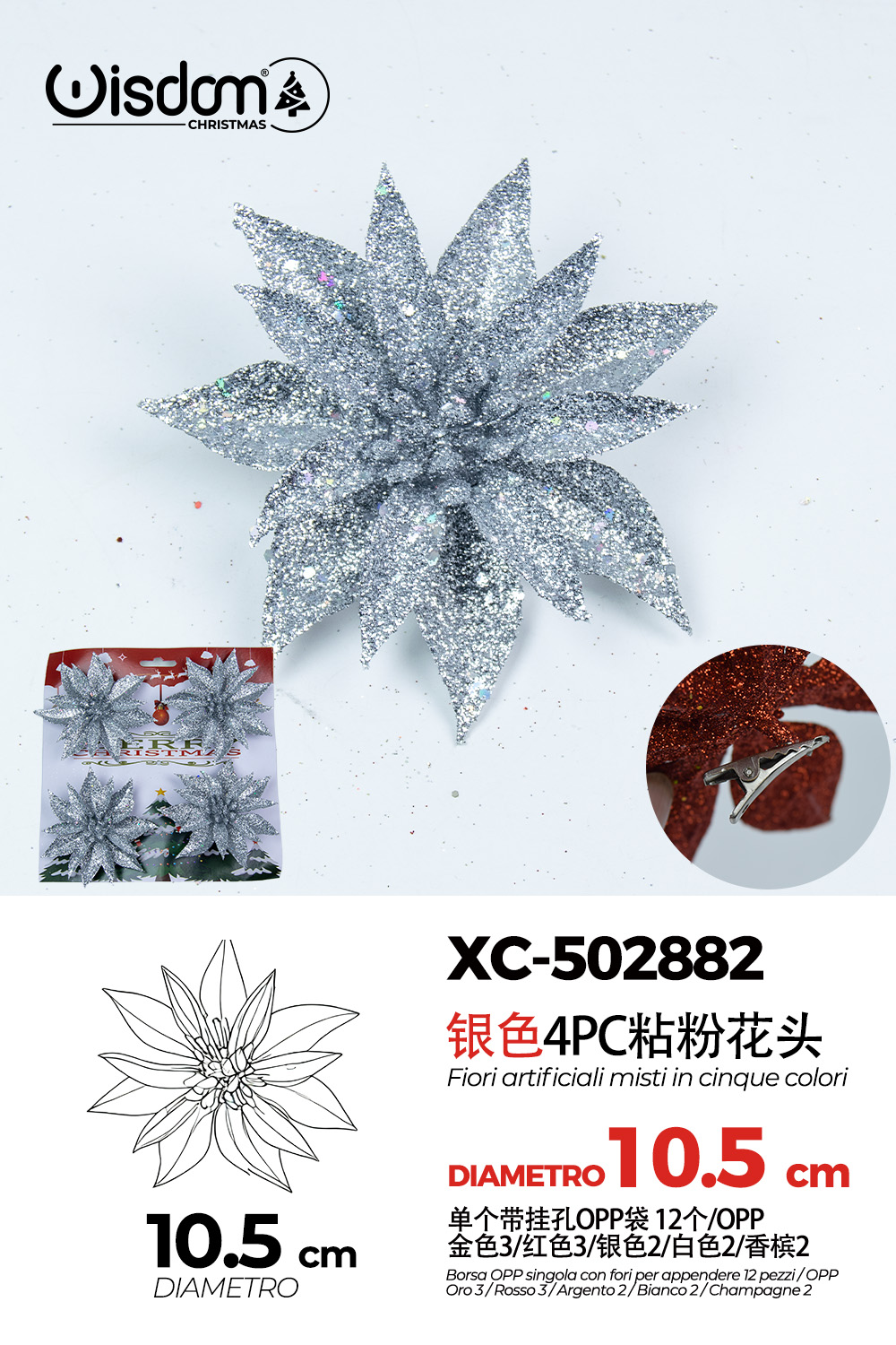 XC-502882 Decorazione natalizia a forma di ghirlanda color argento con glitter bianchi diametro 10,5cm - immagine 1