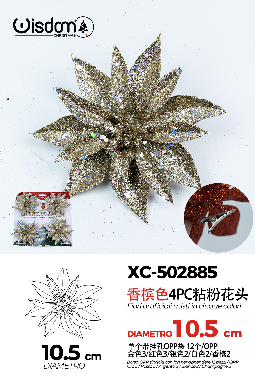 XC-502885 Decorazione natalizia a forma di ghirlanda color argento scuro con glitter pois bianchi diametro 10,5cm - immagine 1