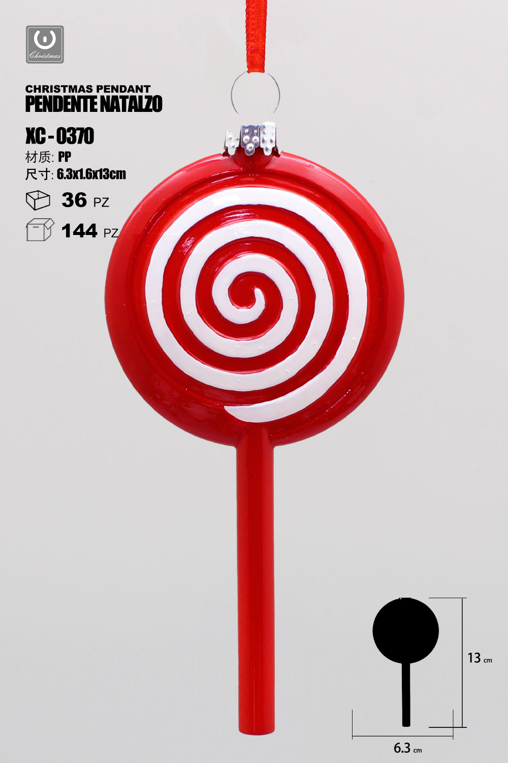 XC-0370 Pendente decorativo natalizio a forma di lecca-lecca rosso con cerchio bianco con spirali bianchi dimensioni 13cm - immagine 1