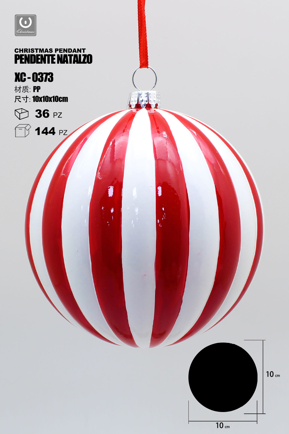 XC-0373 Pendente decorativo natalizio a forma di mongolfiera con strisce verticali rosse e bianche dimensioni 10cm - immagine 1