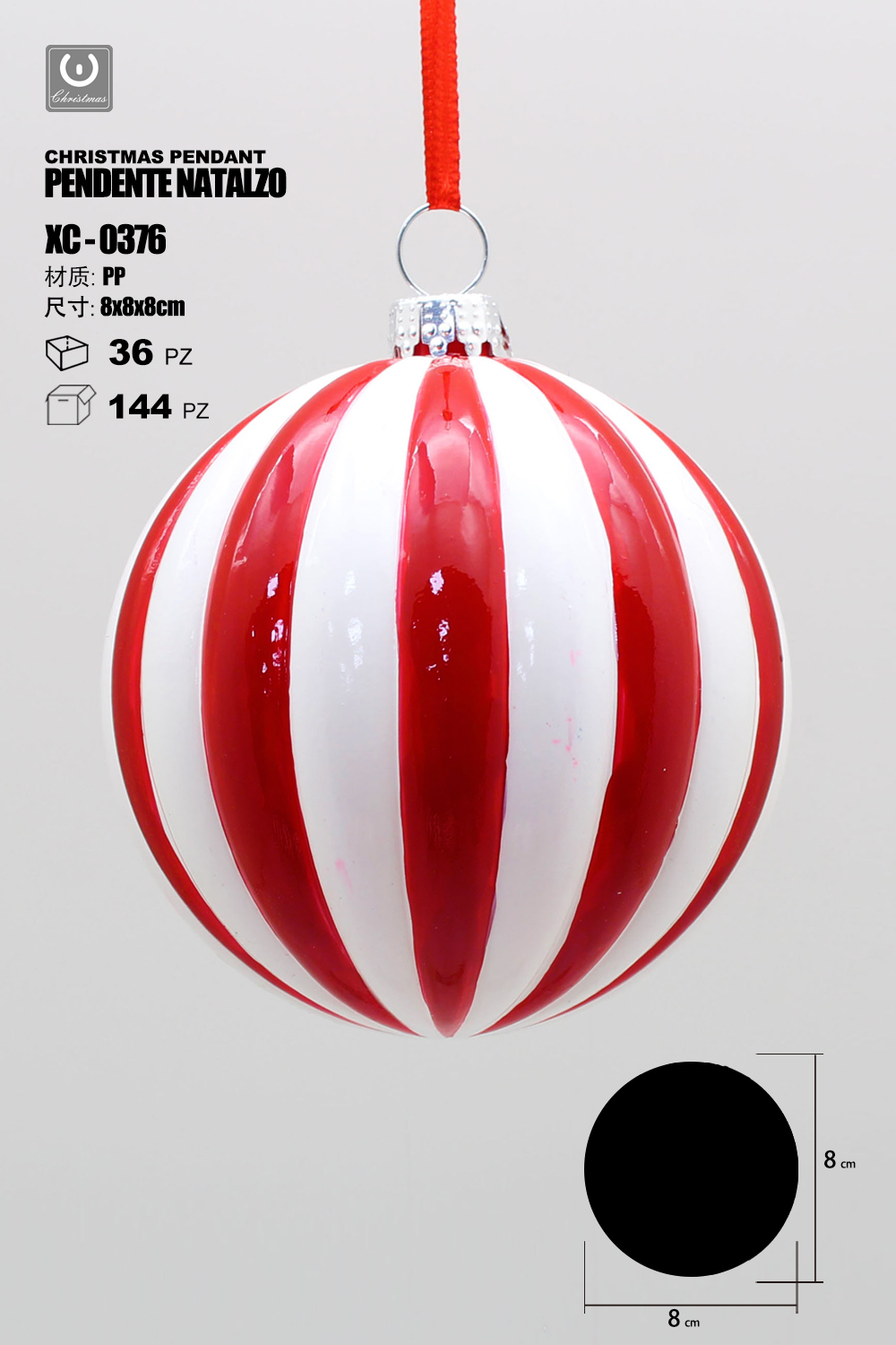 XC-0376 Pendente decorativo natalizio a forma di mongolfiera con strisce verticali rosse e bianche dimensioni 8cm - immagine 1