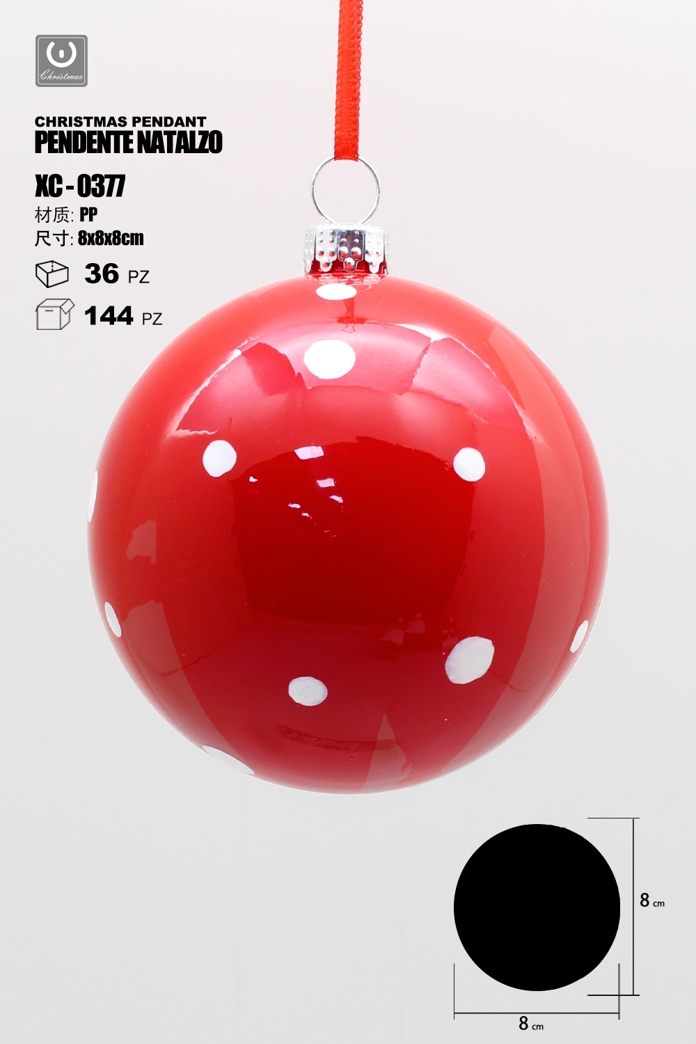 XC-0377 Pendente decorativo natalizio a forma di palla rossa con pois bianchi dimensione 8cm - immagine 1