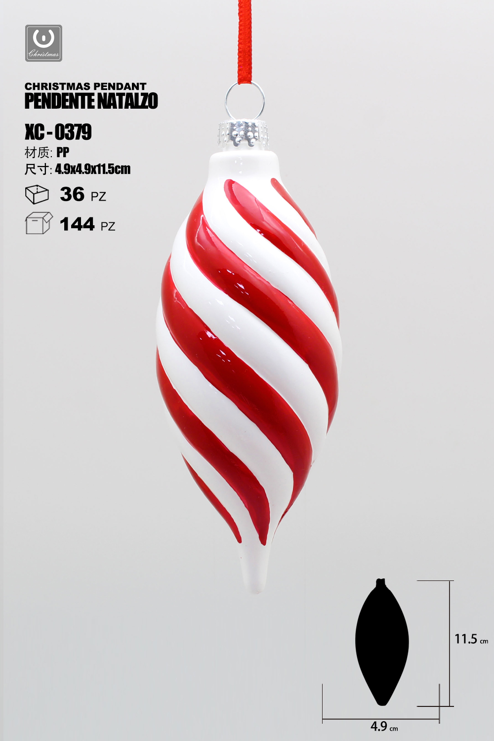 XC-0379 Pendente decorativo natalizio a forma di trottola spirale rossa e bianca dimensioni 11cm - immagine 1