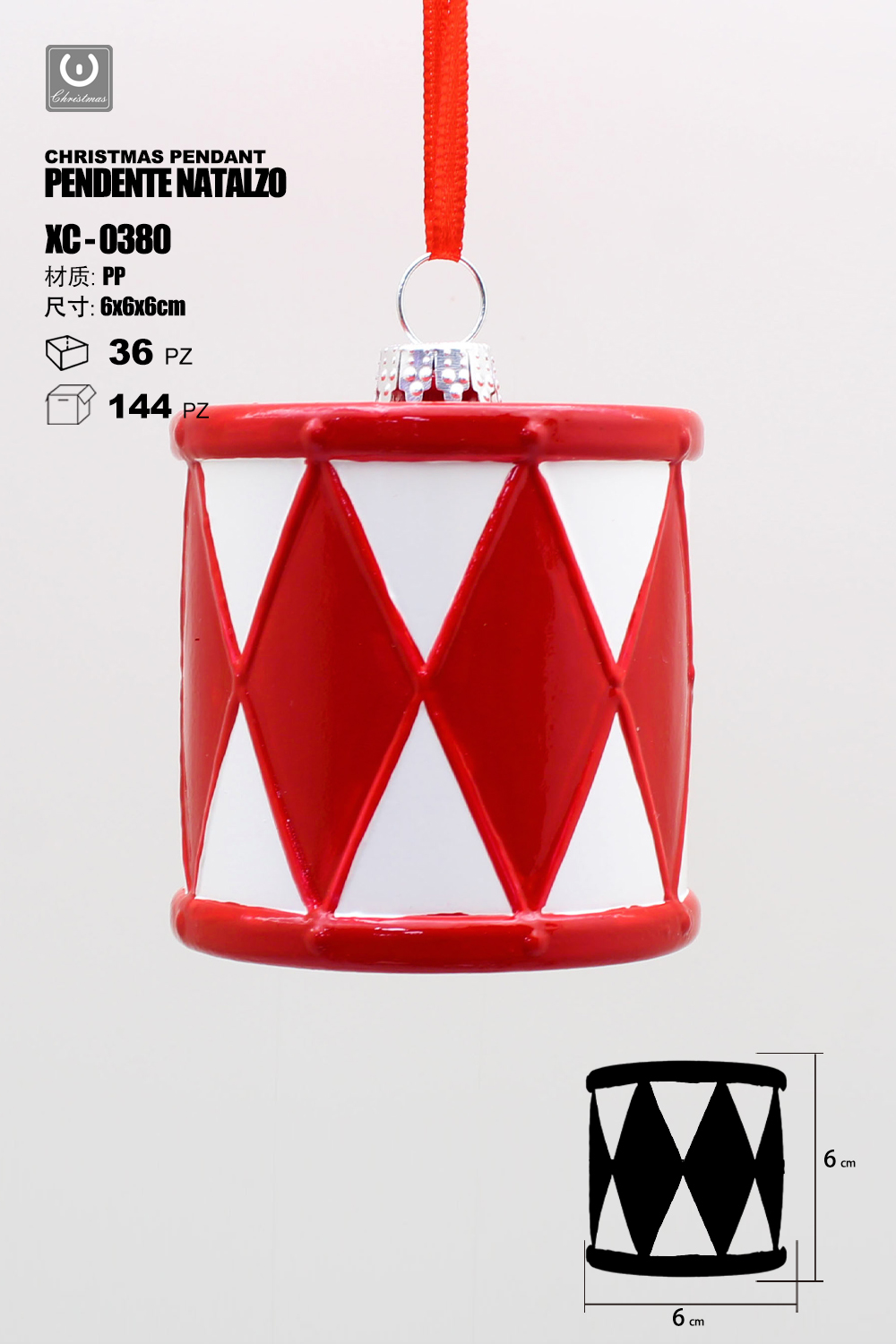 XC-0380 Pendente decorativo natalizio a forma di tamburo bianco e rosso dimensioni 6cm - immagine 1