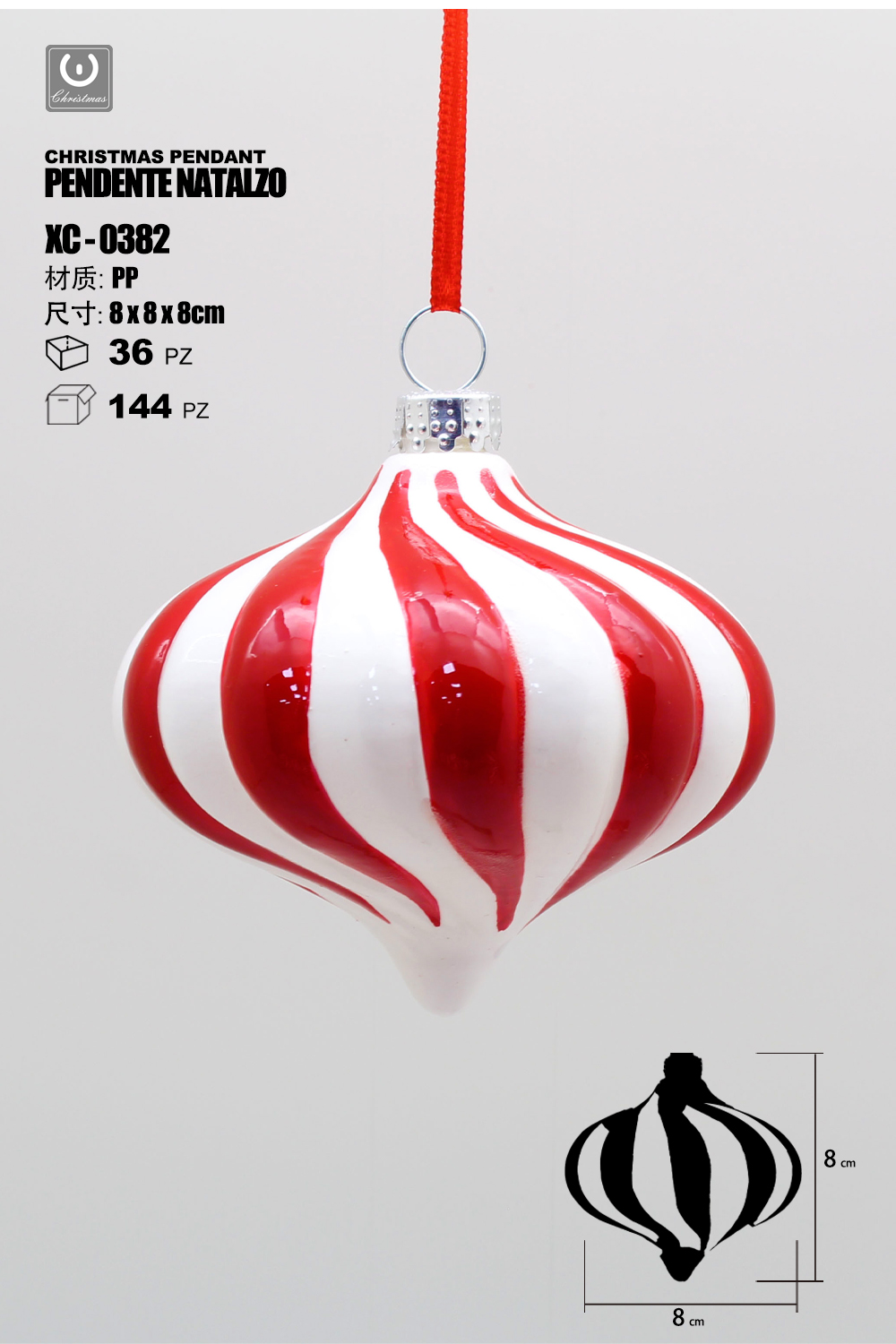 XC-0382 Pendente decorativo natalizio a forma di trottola rossa e bianca dimensioni 8cm - immagine 1