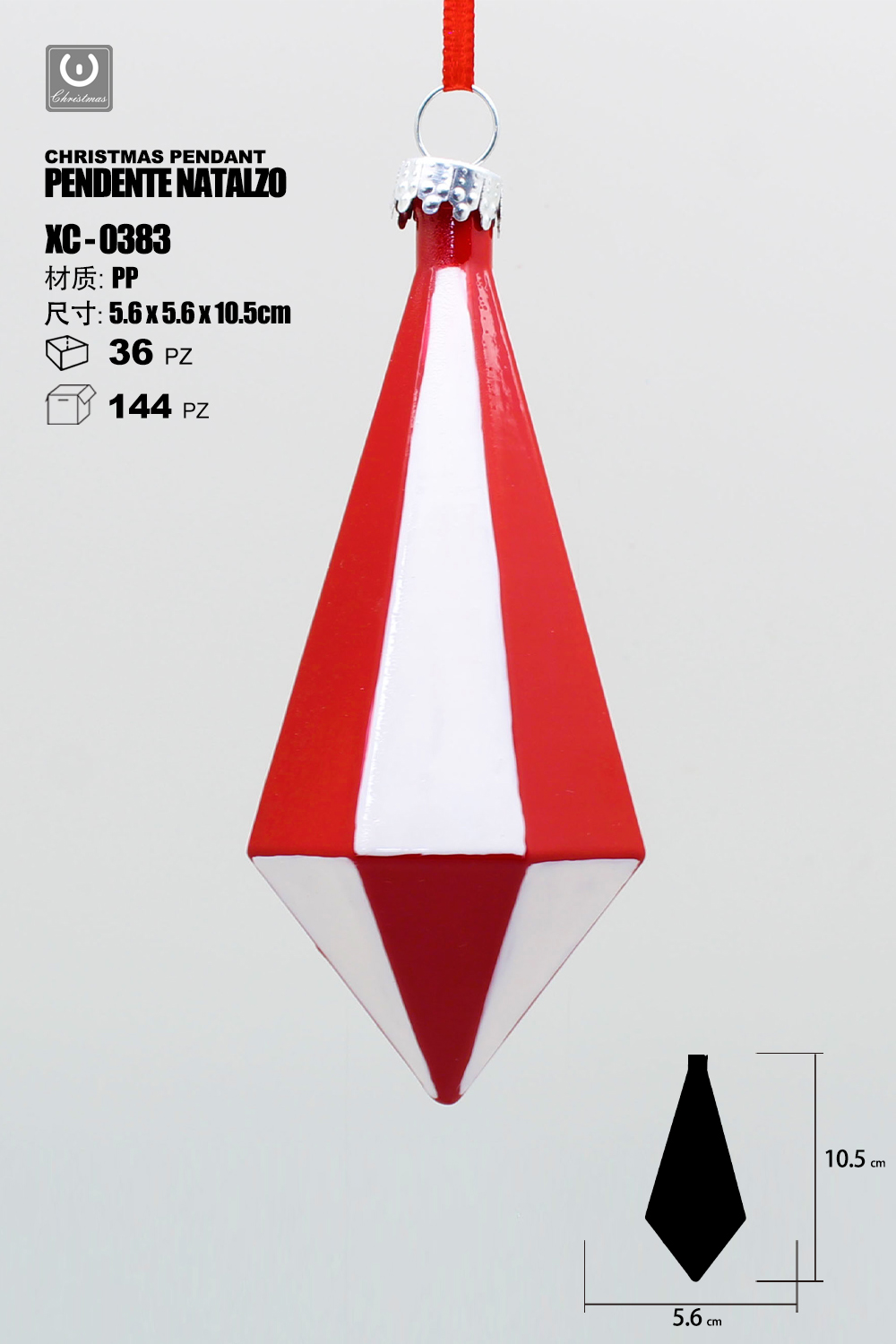 XC-0383 Pendente decorativo natalizio a forma di rombo rossa e bianca dimensioni 11cm - immagine 1