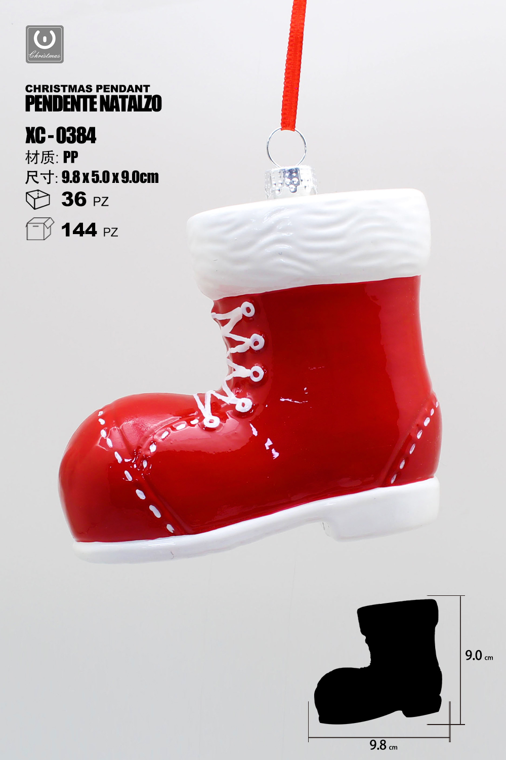 XC-0384 Pendente decorativo natalizio a forma scarpone rosso dimensioni 9cm - immagine 1
