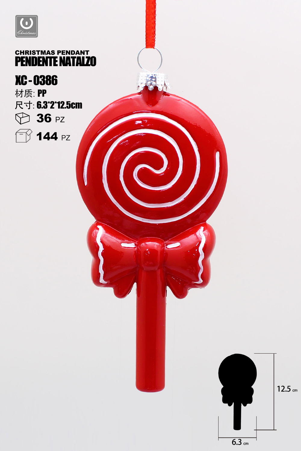 XC-0386 Pendente decorativo natalizio a forma di lecca-lecca rosso con cerchio bianco spirali bianchi dimensioni 13cm - immagine 1