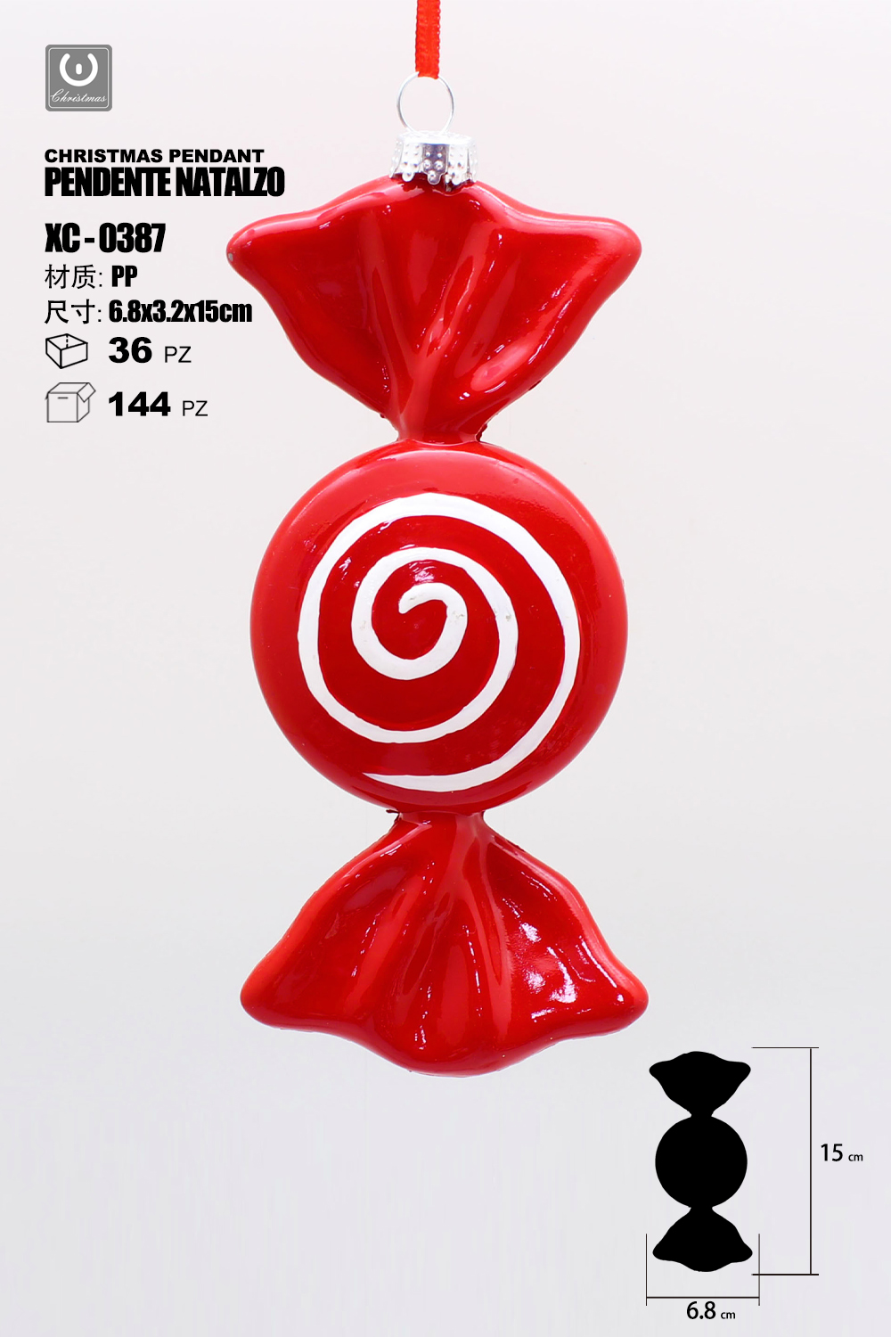 XC-0387 Pendente decorativo natalizio a forma di caramella rossa con cerchio bianco spirale bianchi dimensione 15cm - immagine 1
