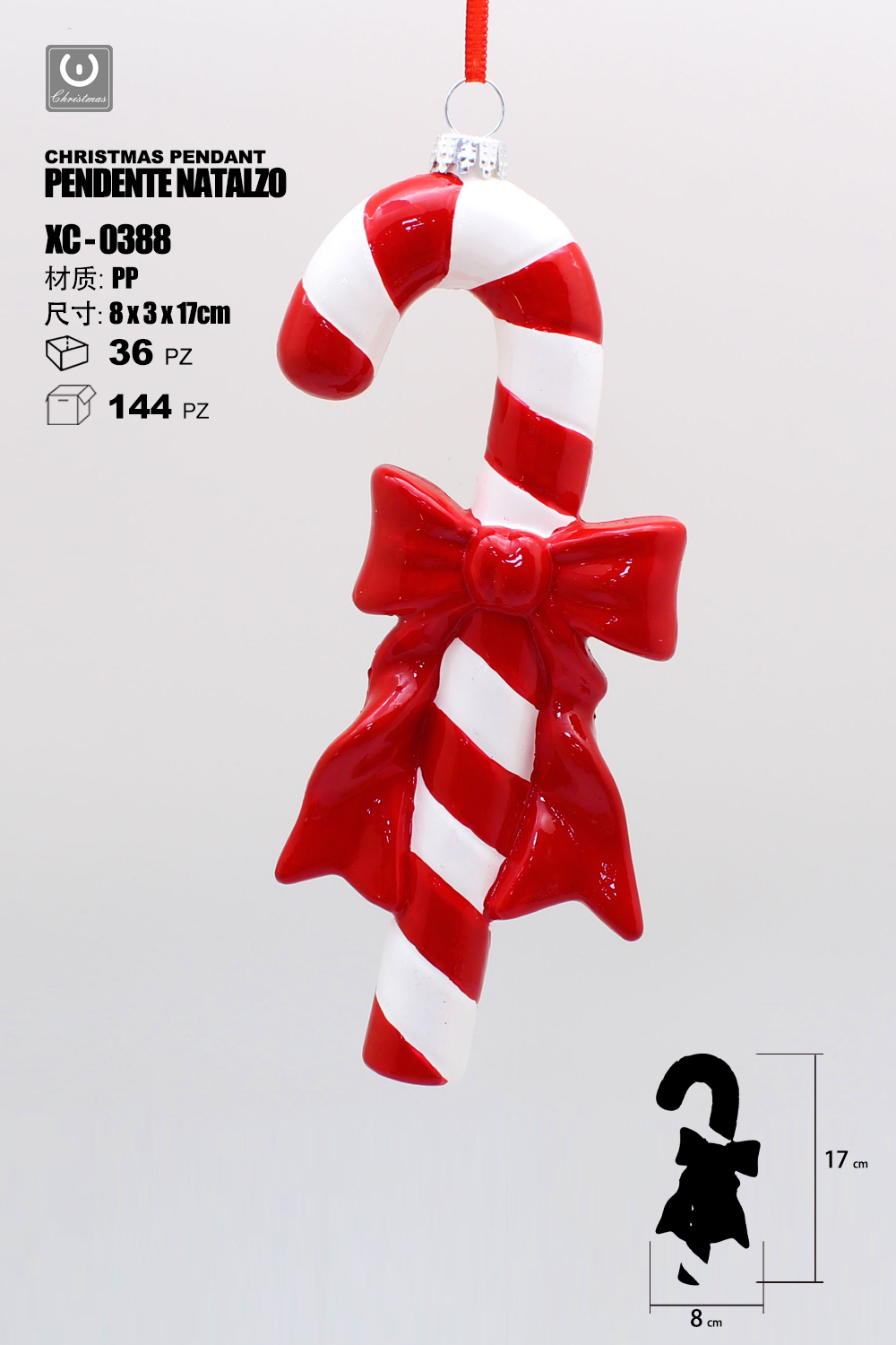 XC-0388 Pendente decorativo natalizio a forma di bastoncino candy dimensione 17cm - immagine 1