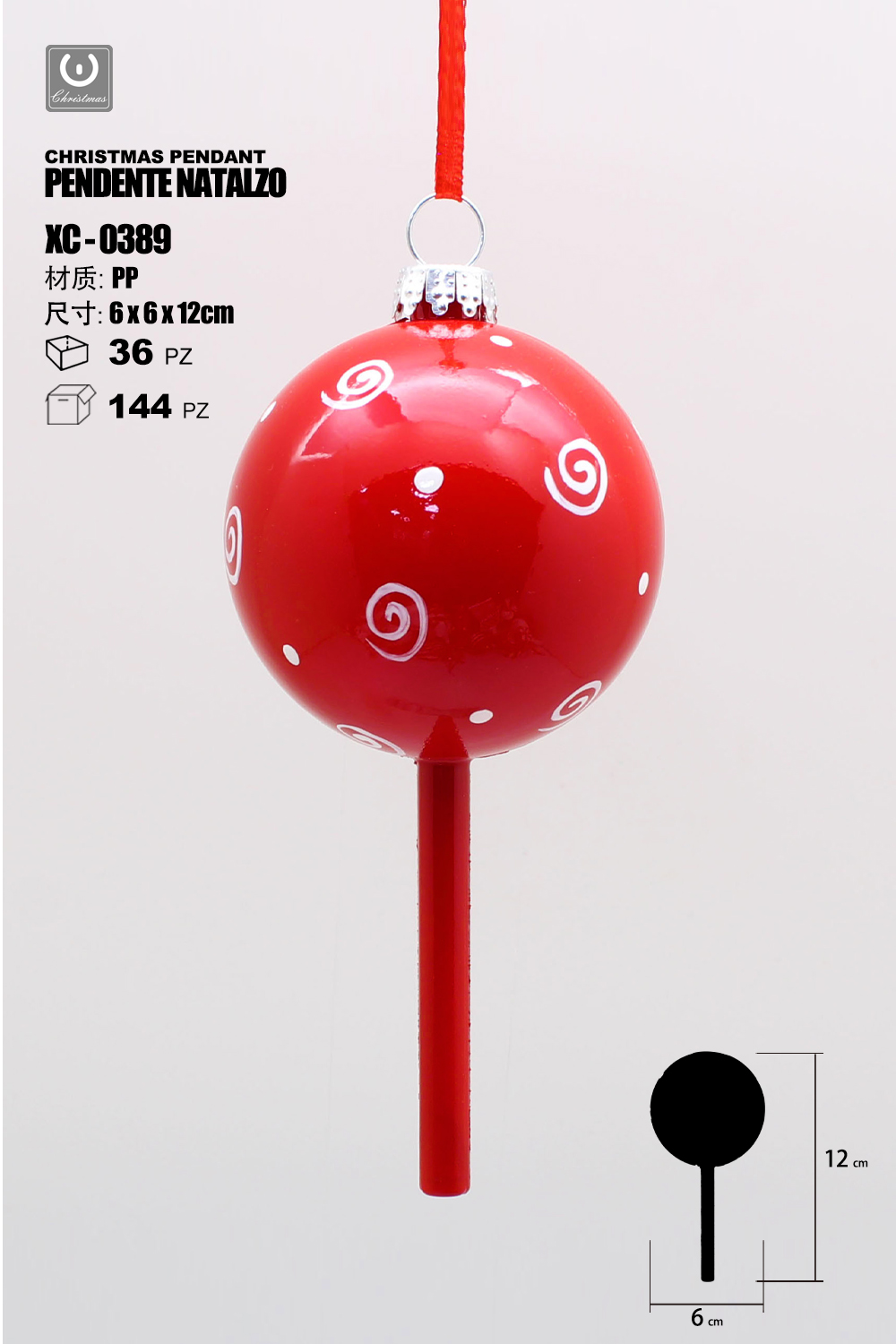 XC-0389 Pendente decorativo natalizio a forma di lecca-lecca rosso con spirali bianchi dimensioni 12cm - immagine 1