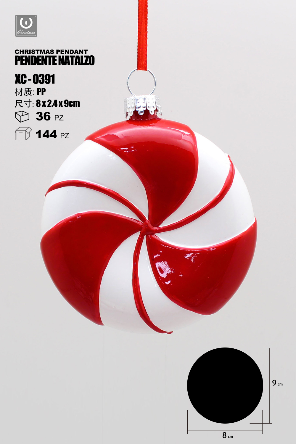 XC-0391 Pendente decorativo natalizio a forma di ciambella bianca e rossa dimensioni 9cm - immagine 1