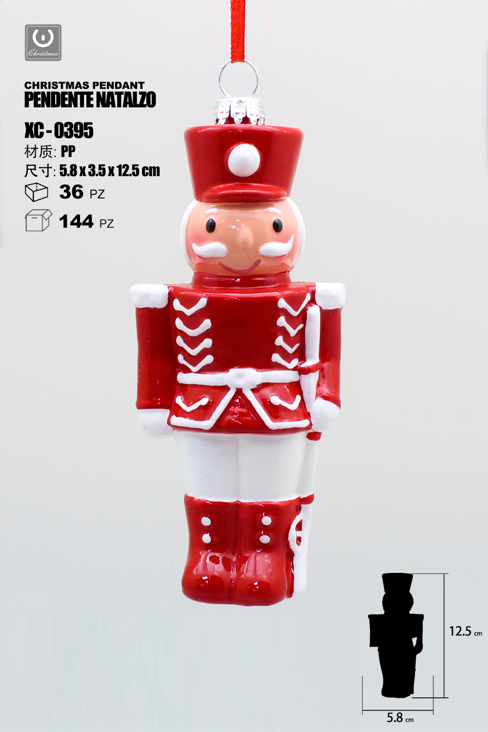 XC-0395 Pendente decorativo natalizio a forma di schiaccianoci soldatino con barba bianca dimensione 12cm - immagine 1
