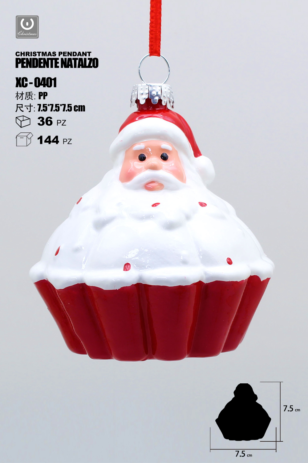 XC-0401 Pendente decorativo natalizio a forma cupcake con Babbo Natale dimensioni 8cm - immagine 1