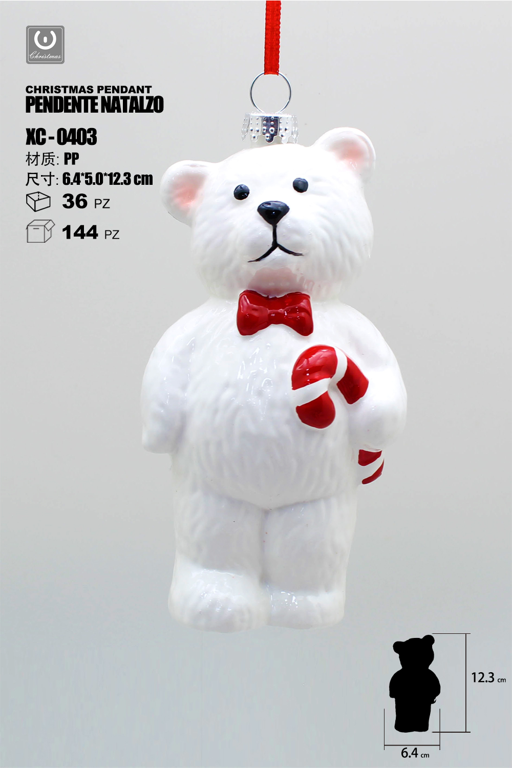 XC-0403 Pendente decorativo natalizio a forma di orso polare con papillon rosso dimensione 12cm - immagine 1