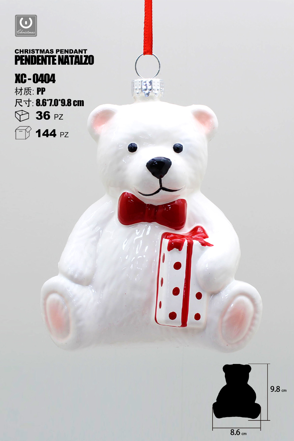 XC-0404 Pendente decorativo natalizio a forma di orso polare con regalino dimensione 10cm - immagine 1