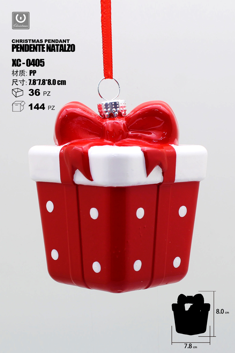 XC-0405 Pendente decorativo natalizio a forma pacco regalo rosso con pois bianchi dimensioni 8cm - immagine 1