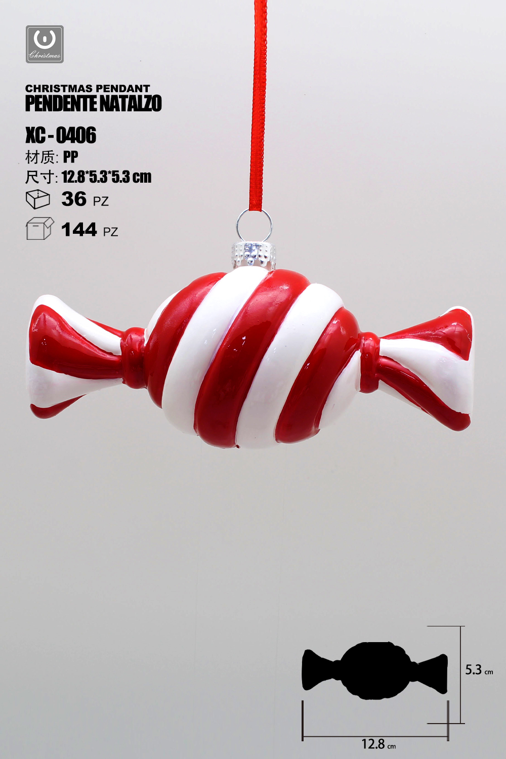 XC-0406 Pendente decorativo natalizio a forma di caramella candy dimensione 5cm - immagine 1