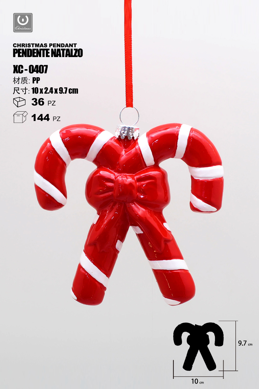 XC-0407 Pendente decorativo natalizio a forma bastoncini di zucchero bicolore (bianco e rosso) incrociati con un fiocco rosso.dimensione 11cm - immagine 1