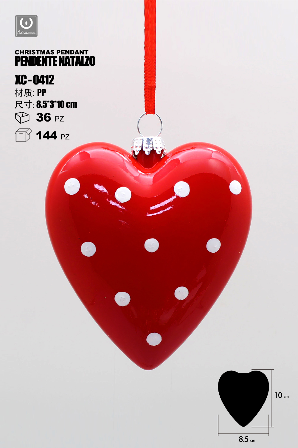 XC-0412 Pendente decorativo natalizio a forma cuoricino bicolore (rosso e pois bianchi) dimensione: 10cm - immagine 1