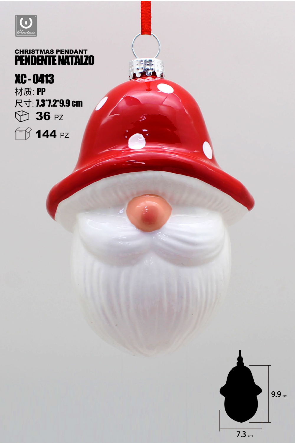 XC-0413 Pendente decorativo natalizio a forma di Babbo Natale con cappello rosso dimensione 10cm - immagine 1