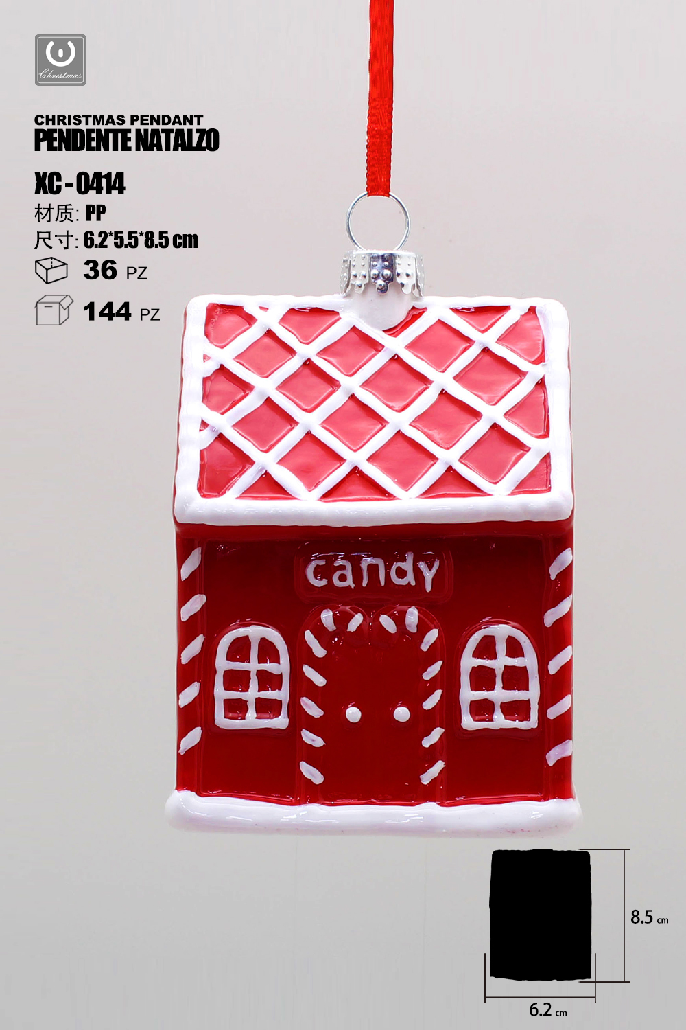 XC-0414 Pendente decorativo natalizio a forma casetta rossa dimensioni 8cm - immagine 1