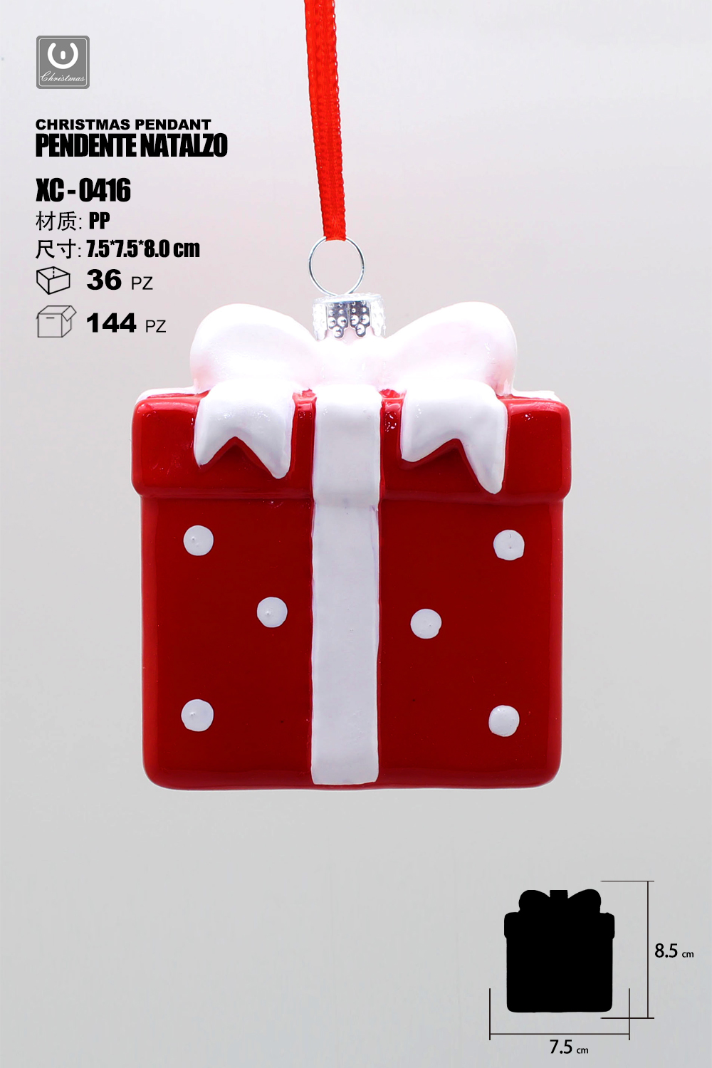 XC-0416 Pendente decorativo natalizio a forma pacco regalo rosso con pois bianchi e fiocco bianco dimensioni 8cm - immagine 1