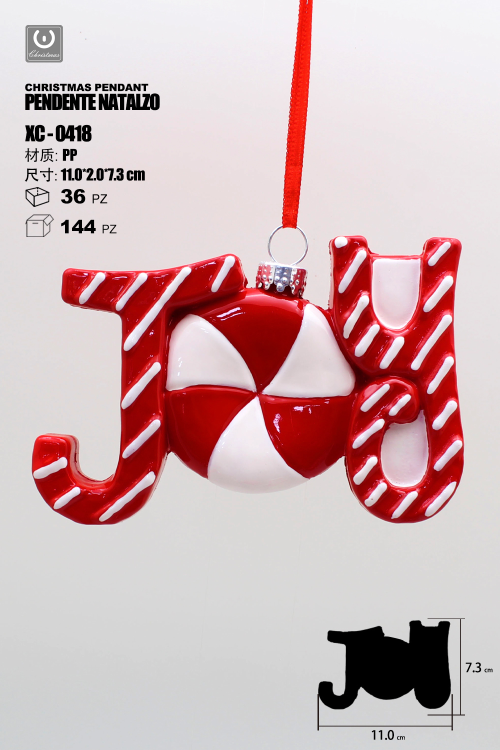 XC-0418 Pendente decorativo natalizio bi-colore con scritta JOY dimensioni 7cm - immagine 1
