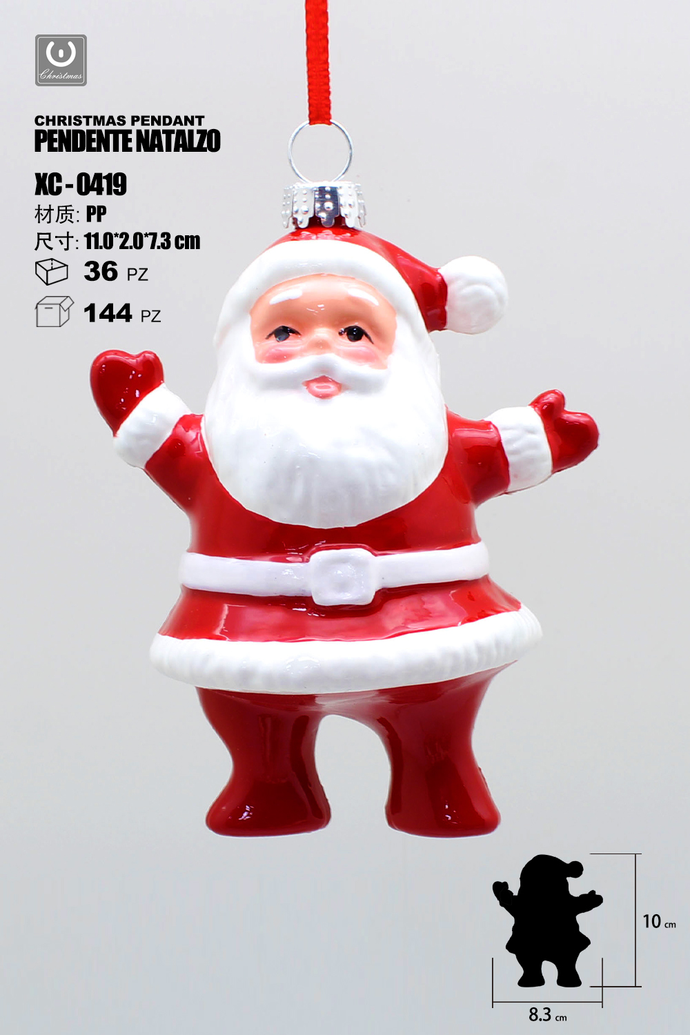 XC-0419 Pendente decorativo natalizio a forma di Babbo Natale dimensione 10cm - immagine 1