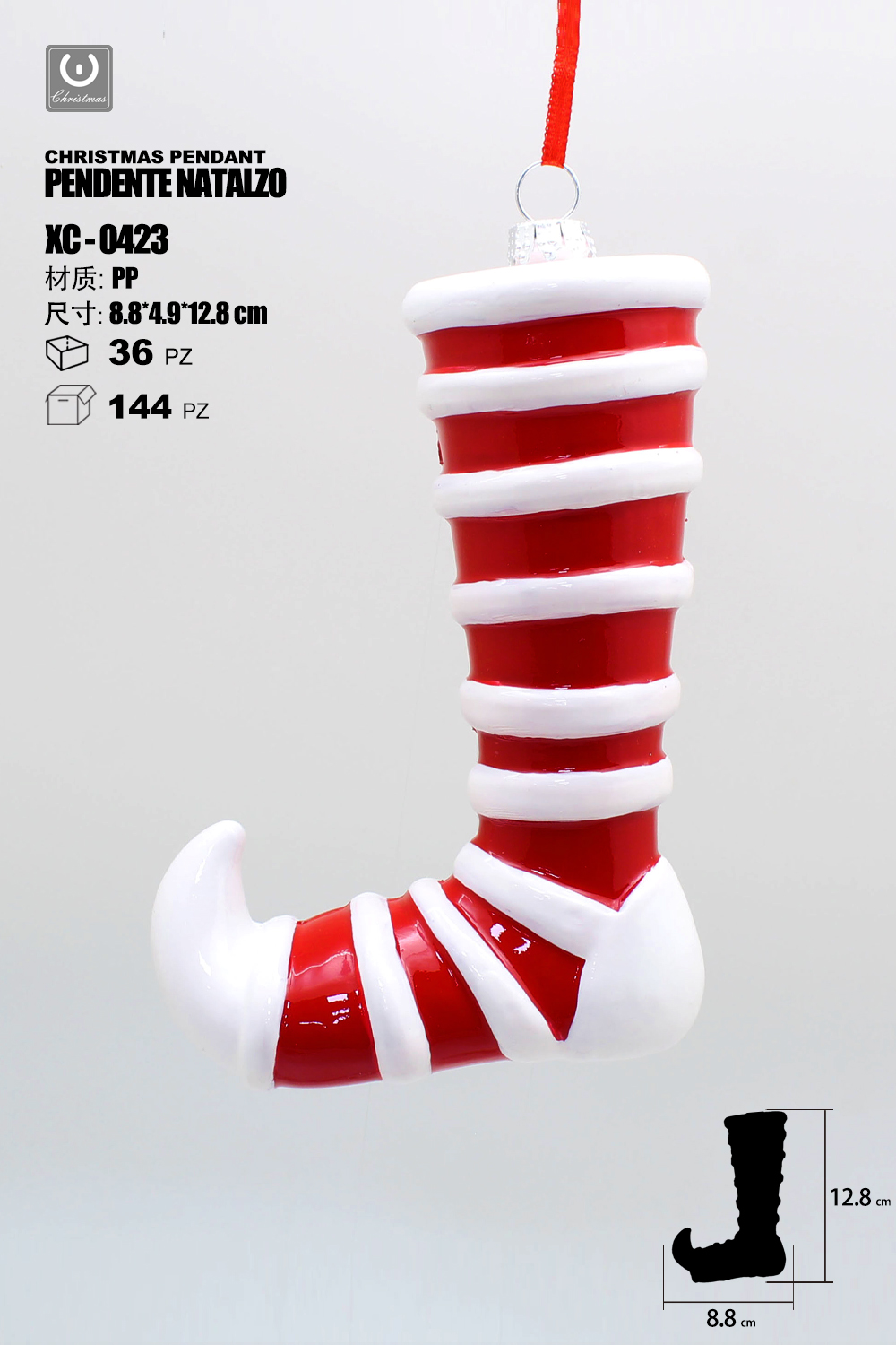 XC-0423 Pendente decorativo natalizio a forma calza rossa e bianca dimensioni 13cm - immagine 1