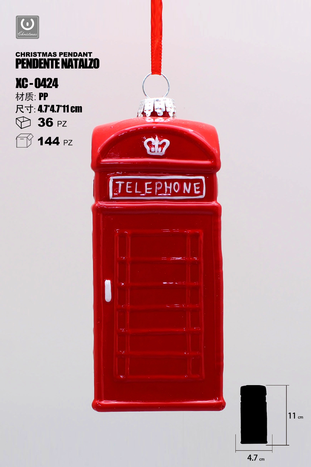 XC-0424 Pendente decorativo natalizio a forma cabina telefonica rossa dimensioni 11cm - immagine 1