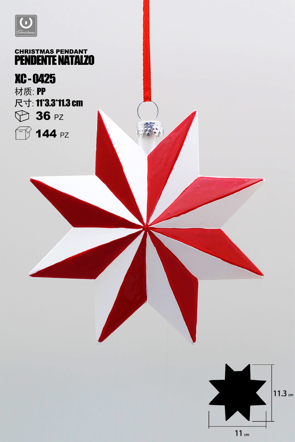 XC-0425 Pendente decorativo natalizio a forma di rosa dei venti bianca e rossa dimensioni 11cm - immagine 1