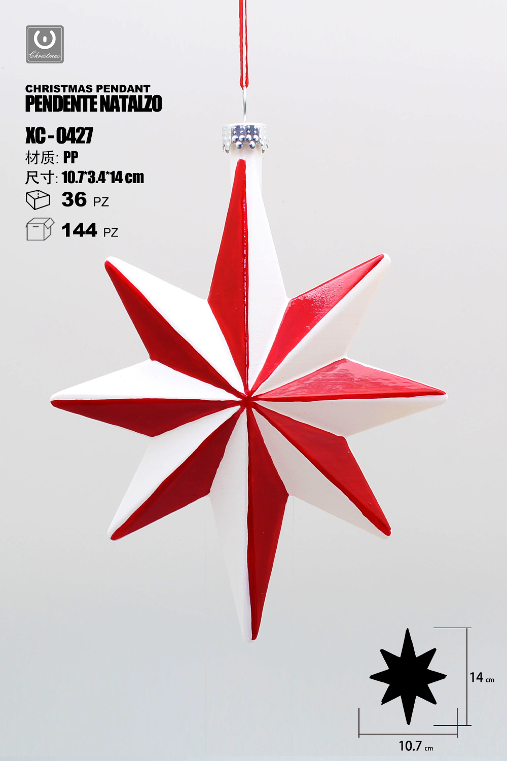 XC-0427 Pendente decorativo natalizio a forma di rosa dei venti bianca e rossa dimensioni 14cm - immagine 1