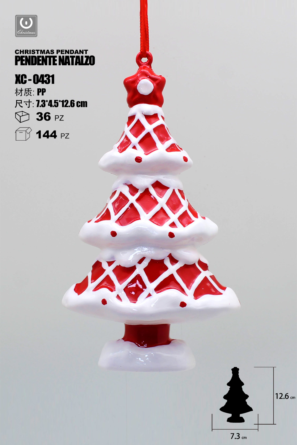 XC-0431 Pendente decorativo natalizio a forma alberello rosso e bianco dimensioni 13cm - immagine 1