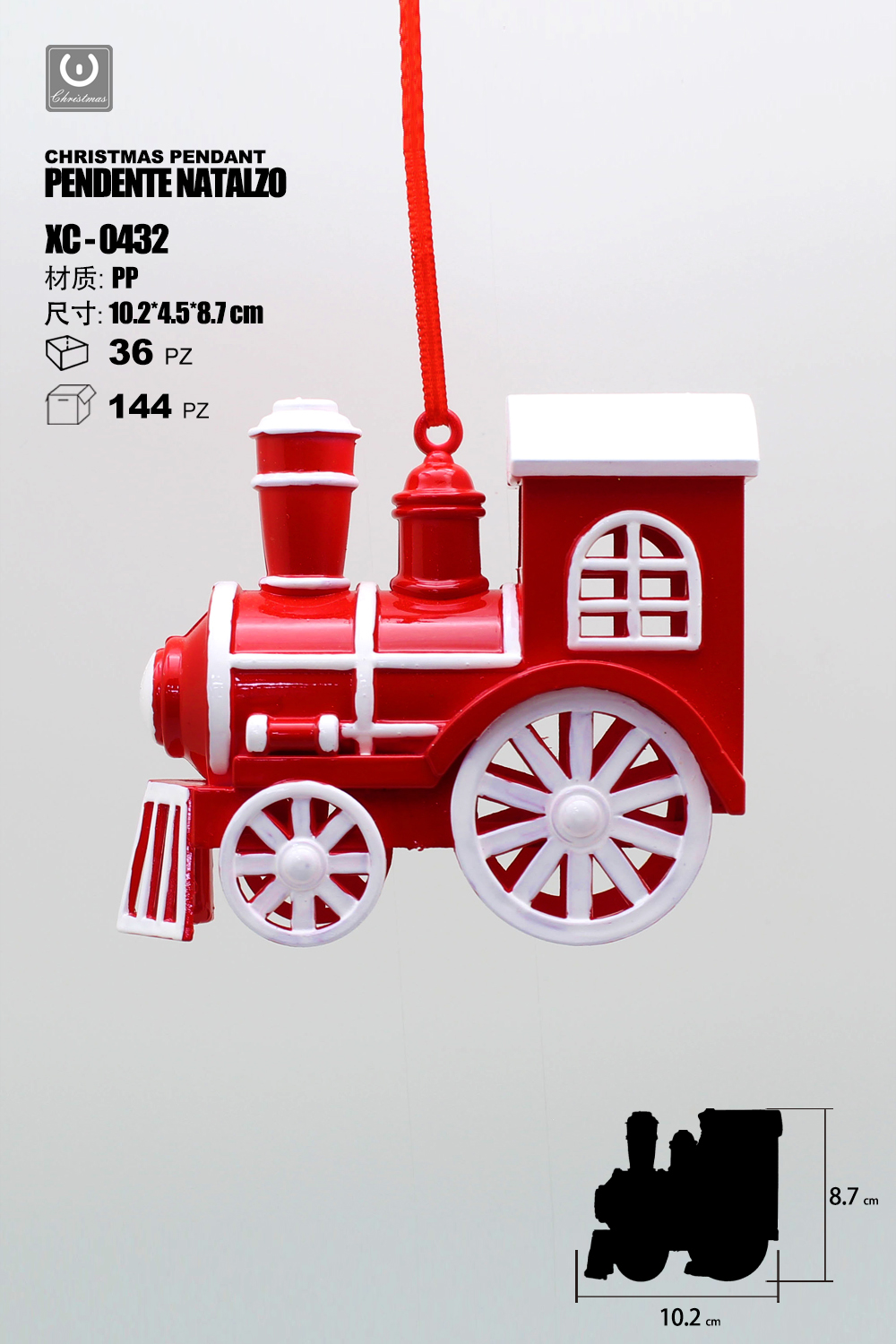 XC-0432 Pendente decorativo natalizio a forma trenino rosso dimensioni 9cm - immagine 1