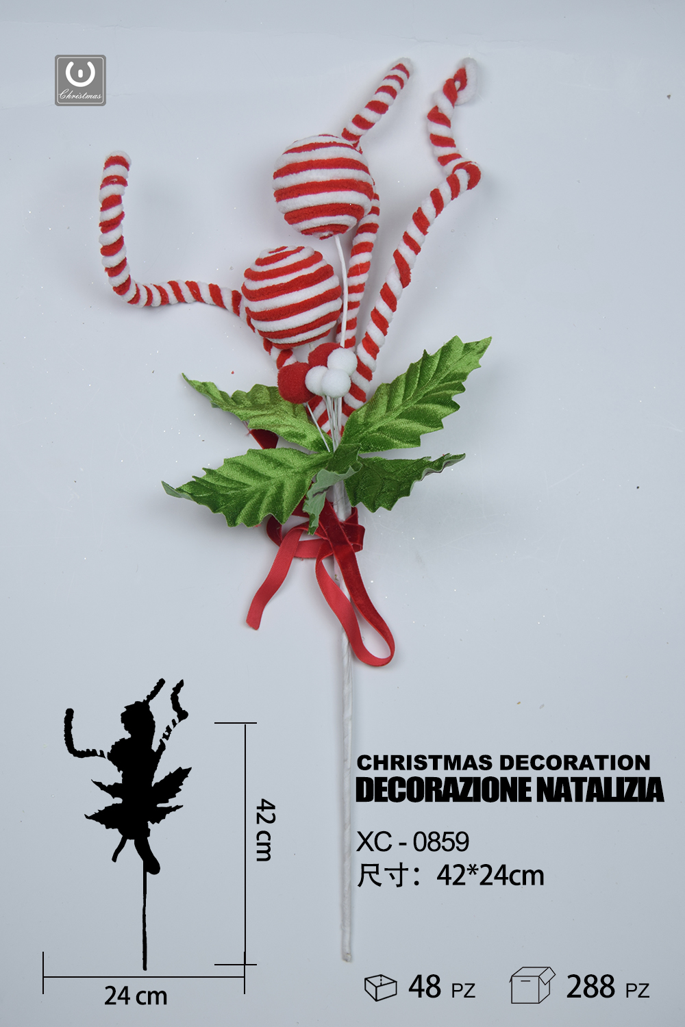 XC-0859 Decorazione natalizia a forma di ramo artificiale con bastoncini di zucchero e palline rosse e bianche. - immagine 1